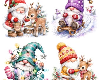 May include: A set of four watercolor illustrations featuring gnomes in winter settings. One gnome feeds a reindeer, another rides a wooden sled, a third is tangled in colorful Christmas lights, and the fourth offers a carrot to a small reindeer.