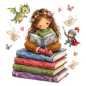 May include: A colourful illustration of a girl reading a book, sitting on a stack of books. The books are titled "Fairy Tales", "Magical Stories", "Enchanted Adventures", and "Once Upon a Time". A green dragon, knight, and butterflies are also present.