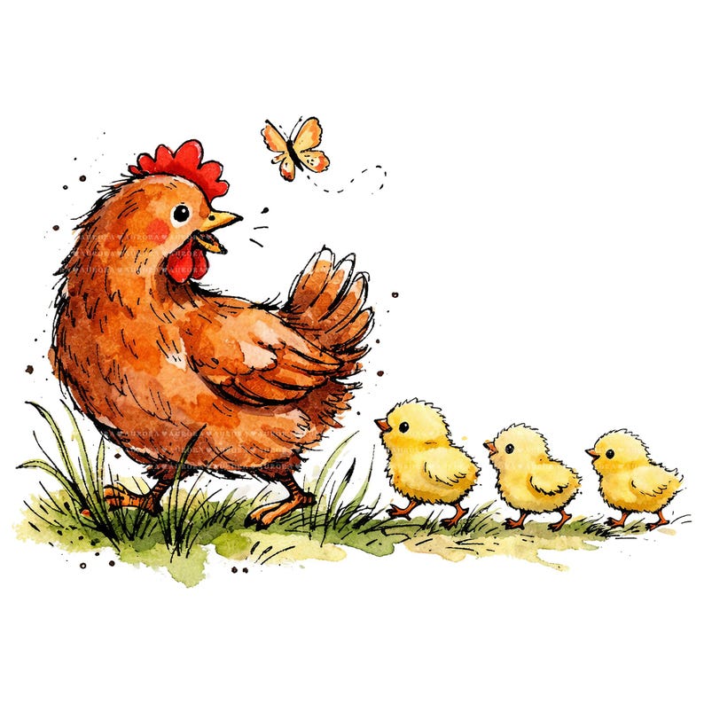 30 Whimsical Chicken Clipart Bundle, Watercolor Hen PNG, Farmhouse ...
