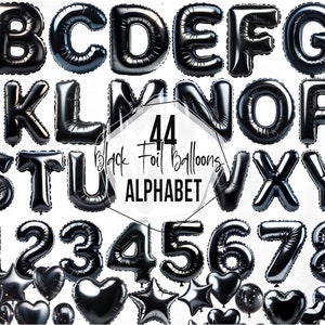 Schwarze Folienballons Alphabet Cliparts, Buchstaben und Zahlen für Feier und Party Designs, Geburtstags Alphabet für den kommerziellen Gebrauch