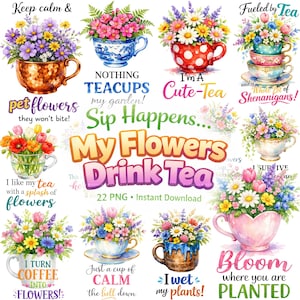 春の花柄ティーカップ昇華プリントセット、面白いコーヒーマグPNG、水彩画の野花のクリップアート、庭の名言