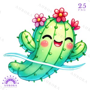 Lindo cactus clipart, cactus kawaii PNG, arte de personajes de cactus, pegatinas para planificadores, diseño de acuarela, descarga digital