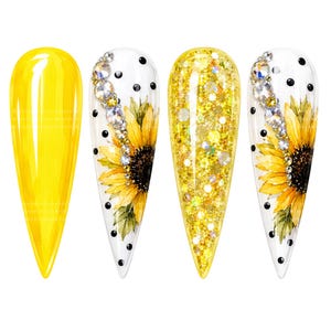 May include: Four almond-shaped nail tips displayed in a row. The first is solid yellow, the second features a sunflower illustration with black dots and clear rhinestones, the third is covered in yellow glitter, and the fourth matches the second.