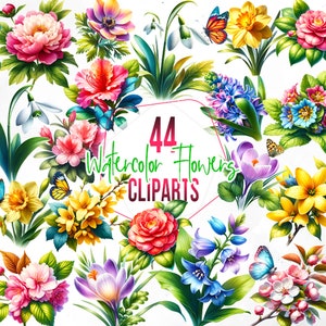 44 fiori ad acquerello con clipart di farfalle, sublimazione di farfalle floreali, per inviti di nozze, cartoline, progetti fai da te e altro ancora