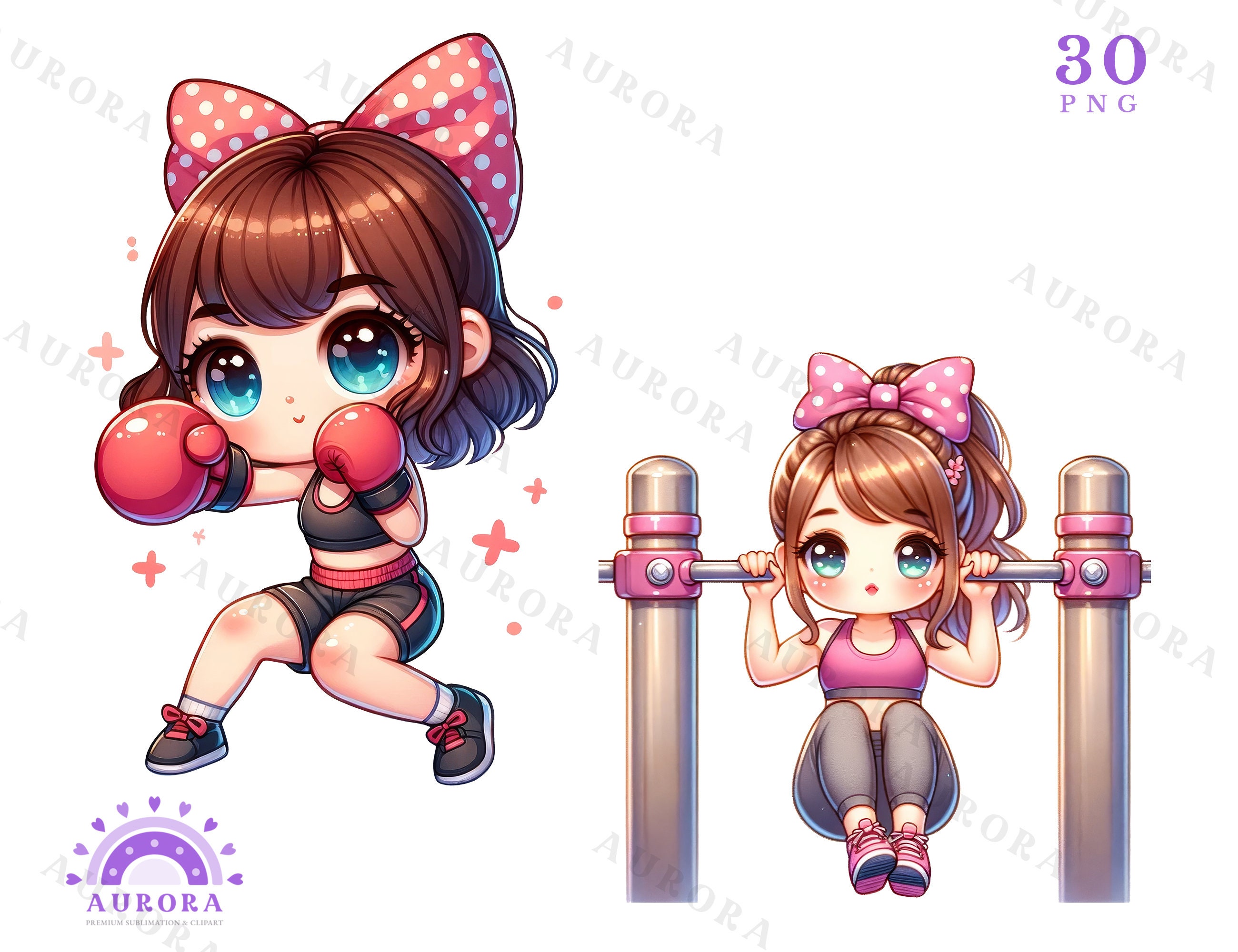 Chibi Fitness Girl Clipart, Gym Workout PNG Bundle, Sublimation Designs ...