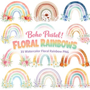 35 bloemen regenboog png's, boho pastel aquarel clipartbundel voor decoratie kinderkamer, sublimatieontwerpen