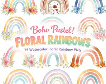 35 imágenes PNG de arcoíris floral, paquete de imágenes prediseñadas de acuarela en tonos pastel estilo boho para decoración de guarderías, diseños de sublimación.