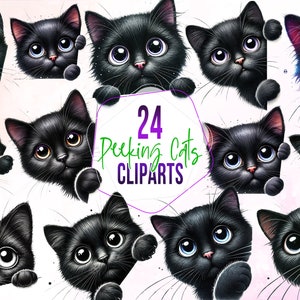 Black Cat Clipart Bundle,  Watercolor Peeking Cats,  Funny Face PNG, Curious, Sublimation, Printable, T-shirt