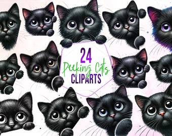 Black Cat Clipart Bundle,  Watercolor Peeking Cats,  Funny Face PNG, Curious, Sublimation, Printable, T-shirt