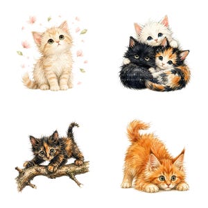 K&ouml;nnte beinhalten: Aquarellillustrationen von vier entz&uuml;ckenden K&auml;tzchen. Eines ist hellorange, ein anderes ist ein Schildpattk&auml;tzchen auf einem Ast, und ein drittes ist ein gingerfarbenes K&auml;tzchen in einer spielerischen Pose. Das vierte Bild zeigt drei K&auml;tzchen, die sich aneinander kuscheln.