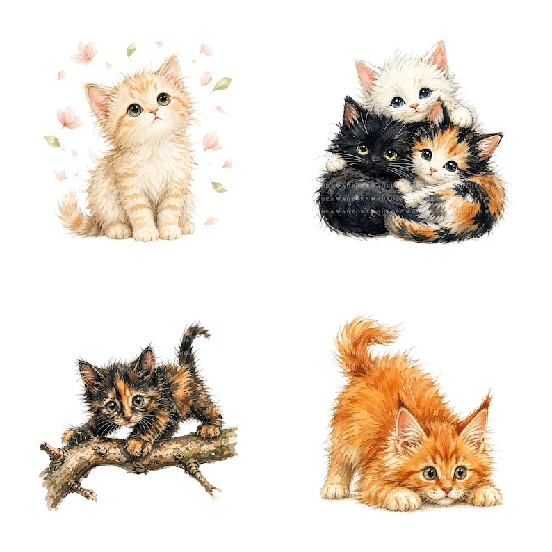 K&ouml;nnte beinhalten: Aquarellillustrationen von vier entz&uuml;ckenden K&auml;tzchen. Eines ist hellorange, ein anderes ist ein Schildpattk&auml;tzchen auf einem Ast, und ein drittes ist ein gingerfarbenes K&auml;tzchen in einer spielerischen Pose. Das vierte Bild zeigt drei K&auml;tzchen, die sich aneinander kuscheln.