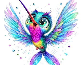 Pode incluir: Uma ilustração vibrante e colorida de um beija-flor com olhos grandes e expressivos com reflexos em forma de estrela. O pássaro tem penas iridescentes azuis, rosas e amarelas, asas abertas e está rodeado por pequenas pedras preciosas flutuantes.