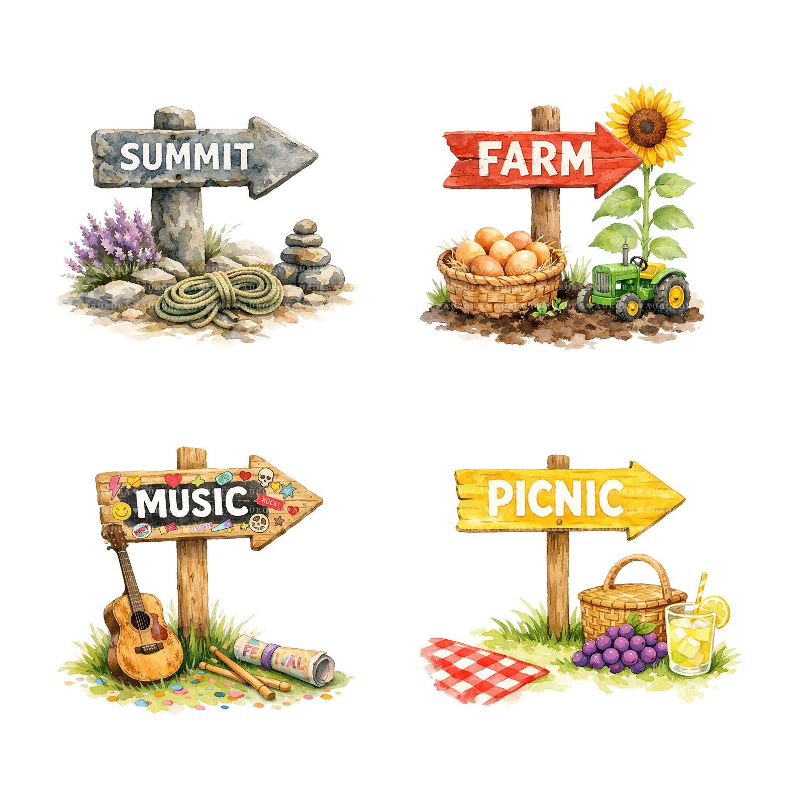 40 Watercolor Clipart, Directional Signpost PNG Bundle, Junk Journal ...