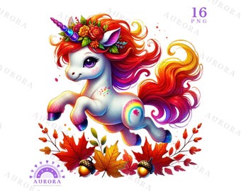 May include: A whimsical illustration of a white unicorn with a rainbow mane and tail, adorned with a floral crown. The unicorn leaps above autumn leaves and acorns. The image includes the text "16 PNG" and the brand name "AURORA".