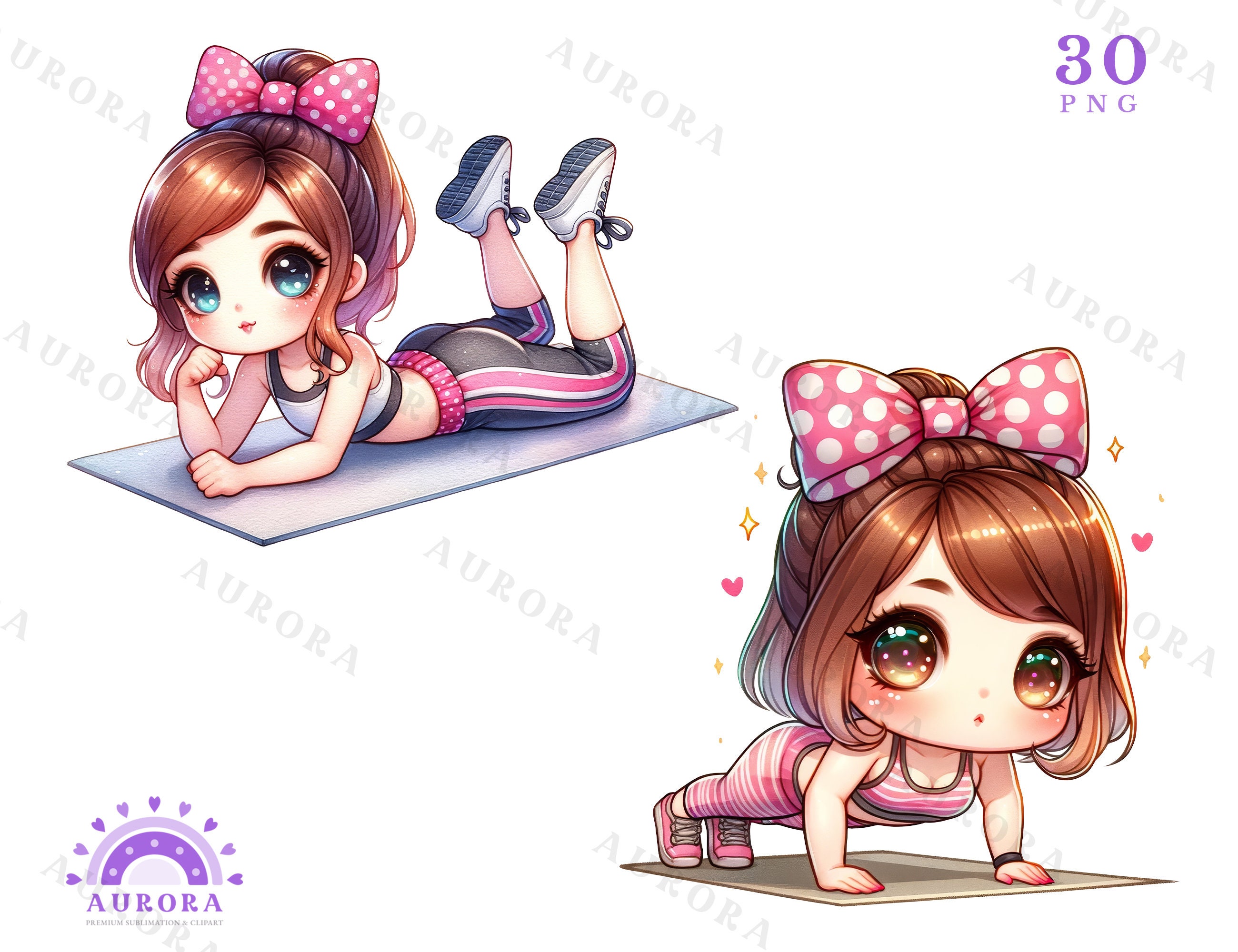 Chibi Fitness Girl Clipart, Gym Workout PNG Bundle, Sublimation Designs ...