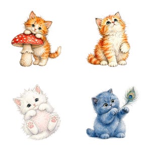 K&ouml;nnte beinhalten: Aquarellillustration von vier entz&uuml;ckenden K&auml;tzchen. Ein orangefarbenes K&auml;tzchen h&auml;lt einen Pilz, ein anderes schaut nach oben, ein wei&szlig;es K&auml;tzchen liegt auf dem R&uuml;cken und ein blaues K&auml;tzchen h&auml;lt eine Pfauenfeder. Alles vor wei&szlig;em Hintergrund.