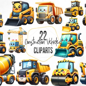 Clipart fofo de veículo de construção, caminhão de construção infantil adorável PNG, clipart de veículos de construção, uso comercial, download instantâneo