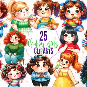 25 Cute Chubby Girls Clipart Bundle, Watercolor Chubby Girls Design for Scrapbooking, Invitations, and Craft Projects, Commercial Use