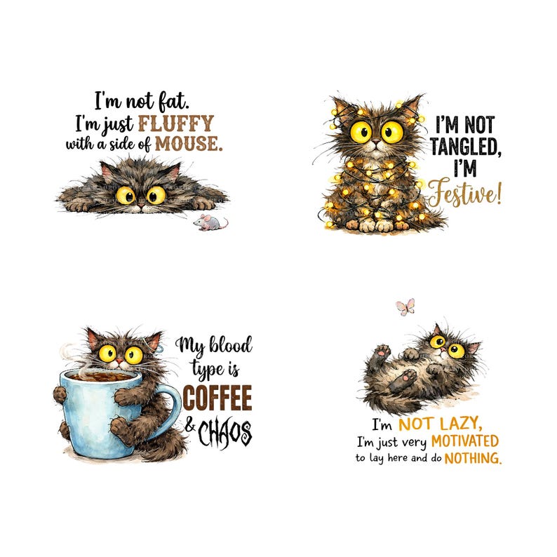 30 Funny Fluffy Cat PNG Bundle, Sarcastic Quote Clipart, Shirt Sublimation Designs, Digital Download image 2