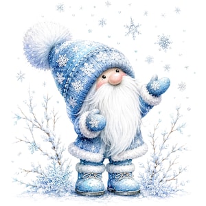 May include: A gnome illustration wearing a blue winter hat with a large pom-pom, a matching blue coat with white fur trim, and blue boots. The gnome has a long white beard, pink nose, and blue mittens, surrounded by falling snowflakes and branches.