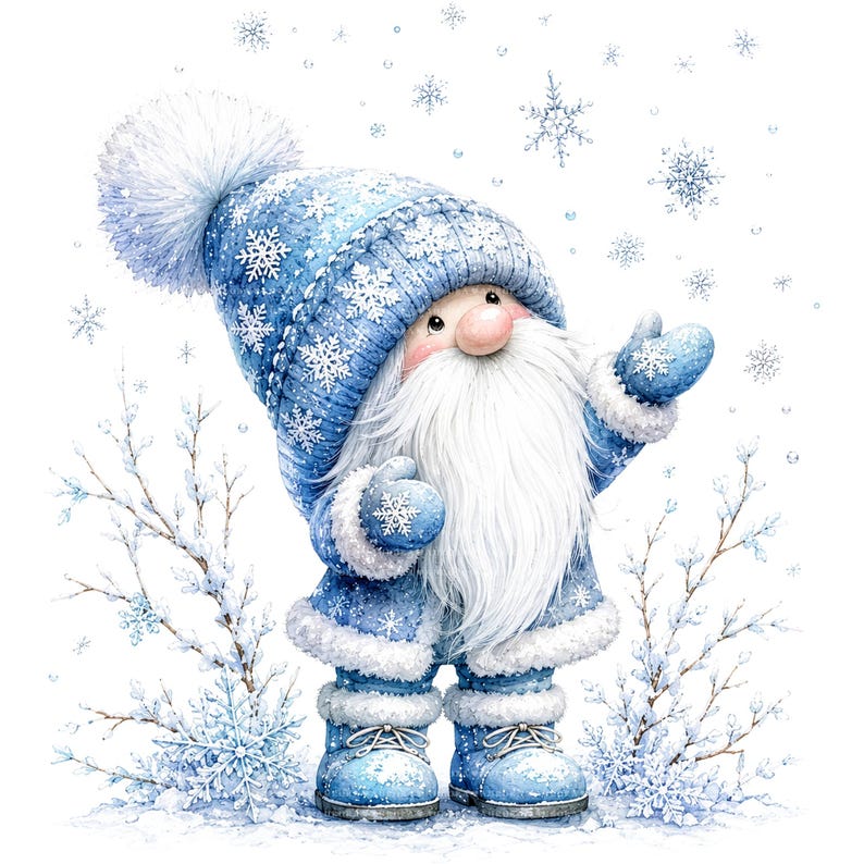 May include: A gnome illustration wearing a blue winter hat with a large pom-pom, a matching blue coat with white fur trim, and blue boots. The gnome has a long white beard, pink nose, and blue mittens, surrounded by falling snowflakes and branches.