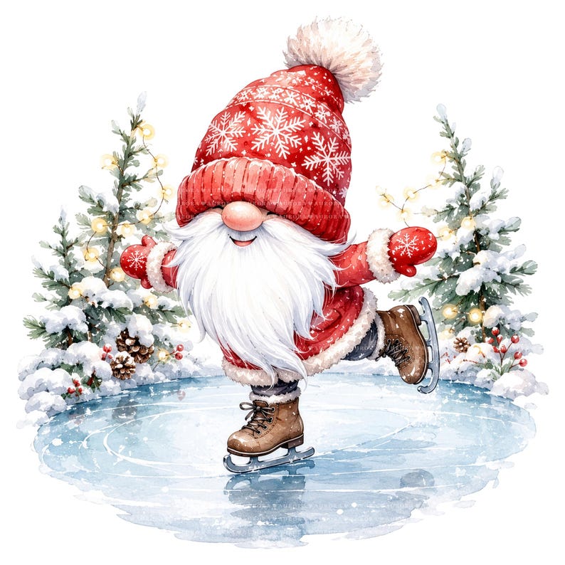 May include: A gnome wearing a red knit hat with a white pom-pom and snowflake pattern, a red coat with white fur trim, and brown ice skates. The gnome has a long white beard and is skating on a blue ice surface between two snow-covered pine trees.