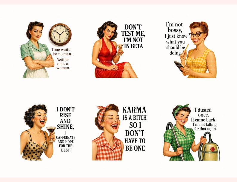 Retro Housewife PNG Bundle, Sarcastic Women Quotes, 1950s Humor Clipart, Mugs, shirts, Instant Download image 4