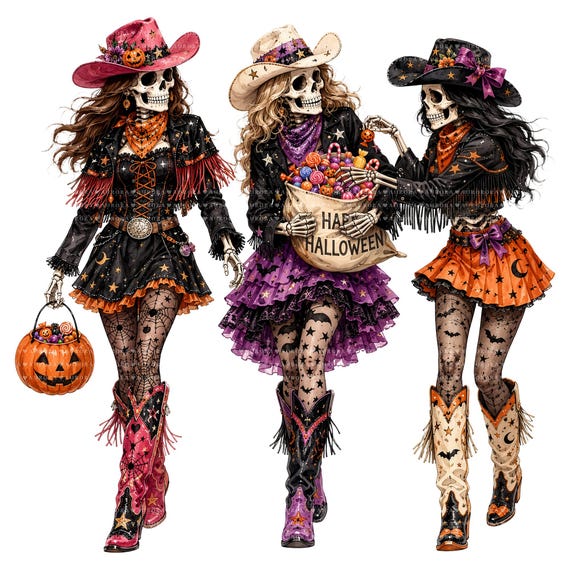 28 Western Halloween Cowgirl Skeleton PNG Bundle, Gothic Watercolor Clipart, Sublimation Designs, Commercial Use