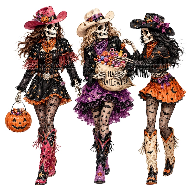 May include: Three skeleton figures dressed in western-style Halloween outfits. The left figure wears a pink hat and boots with a pumpkin bucket. The center figure wears a cream hat and holds a bag labeled HAPPY HALLOWEEN. The right figure wears a black hat.