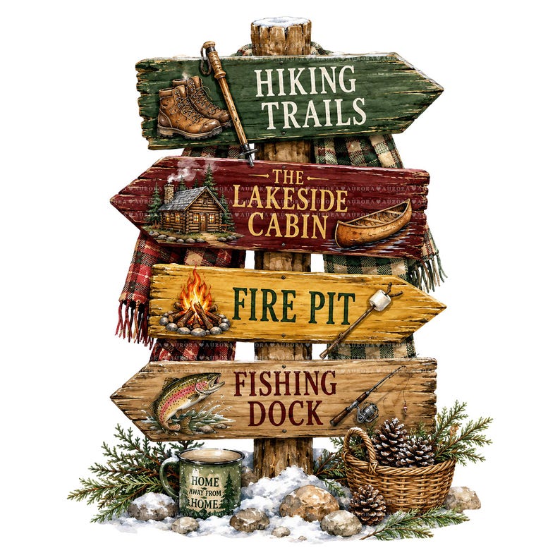 May include: A wooden signpost with four directional arrows labeled HIKING TRAILS, THE LAKESIDE CABIN, FIRE PIT, and FISHING DOCK. The sign features illustrations of hiking boots, a cabin, a canoe, a campfire, a fish, and a mug labeled HOME AWAY FROM HOME.