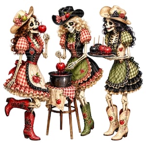 May include: Three skeleton figures wearing cowboy hats and gingham dresses with ruffled aprons. One skeleton eats a red candy apple, another dips an apple into a pot on a wooden stool, and the third holds a tray of candy apples. They wear cowboy boots.