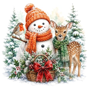May include: A snowman wearing an orange knit hat and scarf stands beside a fawn wearing a green knit scarf. A robin perches on the snowman's twig arm. A woven basket filled with holly, berries, and a large red bow sits in front of them.