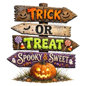 Puede incluir: Un poste de madera con cuatro flechas direccionales con motivos de Halloween. Los letreros muestran el texto TRICK OR TREAT y SPOOKY & SWEET, decorados con caras de calabaza, telarañas, dulces, fantasmas y una calabaza naranja brillante.