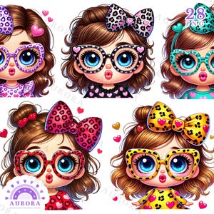28 Cute Baby Girl Clipart with Leopard Prints, Valentine’s Day Sublimation PNG, Cute Bow and Heart Glasses Clipart, Commercial Use