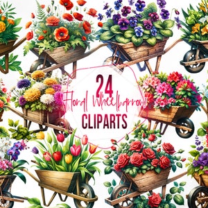 Clipart carriola in legno floreale, bellissima clipart di giardinaggio ad acquerello, carriola invecchiata con fiori primaverili colorati per uso commerciale