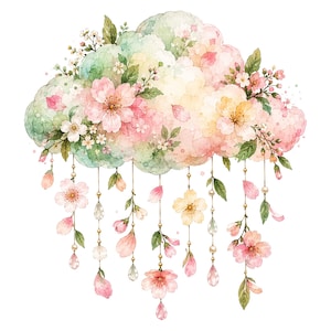 May include: A watercolour illustration of a cloud shape filled with soft pastel pink, yellow, and green hues, adorned with blooming cherry blossoms and green leaves. Delicate strings hang from the cloud, featuring small beads and crystal-like drops.