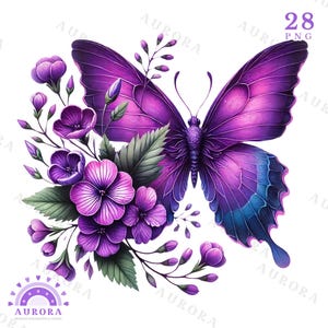 Watercolor Floral Butterfly Clipart, Sublimation PNG, Flowers, Printable, Paper Craft, Junk Journal, Instant Download