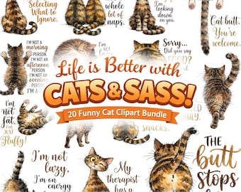 Funny Sarcastic Cat Quotes PNG Bundle, Watercolor Cat Sublimation, Pet Lover Shirt Mug Designs