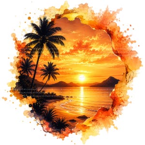 May include: A watercolor painting of a tropical sunset scene. Palm trees are silhouetted against a vibrant orange and yellow sky. The sun reflects on the water, and the image is framed by an orange watercolor splash.