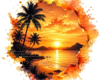 22 Tropical Sunset Watercolor Clipart, Beach Vacation PNG Bundle, Tumbler Sublimation Designs, Instant Download