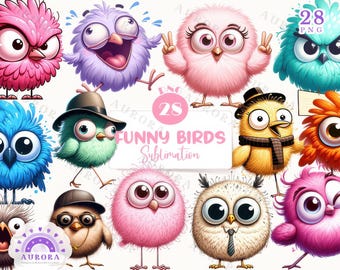 Paquete de imágenes prediseñadas de pájaros divertidos: pájaros extravagantes, pájaros peculiares, estilo acuarela, ilustraciones de dibujos animados, descarga digital