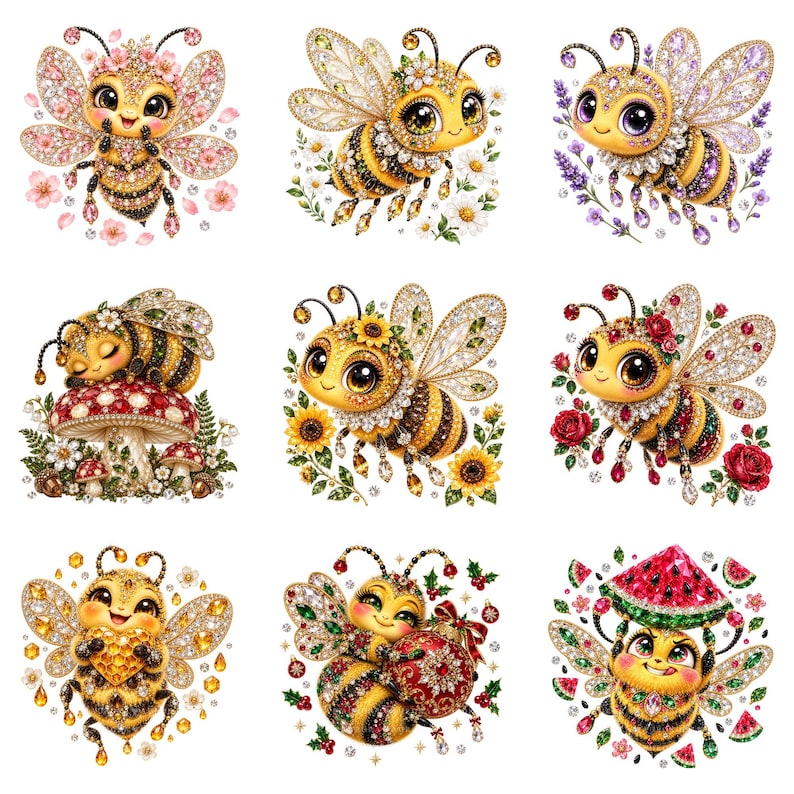 30 Jeweled Bee PNG Bundle, Rhinestone Floral Clipart, Sublimation ...