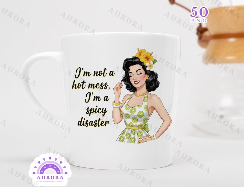 May include: White ceramic mug featuring a retro illustration of a woman with black hair and a yellow flower. The mug has the text "I'm not a hot mess, I'm a spicy disaster". A fun and stylish coffee mug.