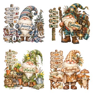 19 Gnome-kalender PNG-paket, akvarell månader vardagar clipart, säsongsbetonade sublimeringsdesigner