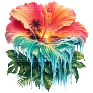 May include: A vibrant digital art piece featuring a hibiscus flower with a sunset scene. The flower petals transition from pink to orange, with a tropical island and ocean waves cascading down. Lush green leaves complete the design.