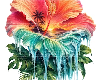 16 Tropical Hibiscus PNG Bundle, Beach Sunset Clipart, Summer Flowers, Sublimation Designs, Digital Download