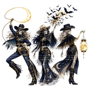 May include: Three skeletons dressed in dark blue western-style clothing with gold star and moon patterns. One holds a lasso with a crescent moon, one releases a swarm of bats, and one carries a glowing lantern. They wear cowboy hats and boots.