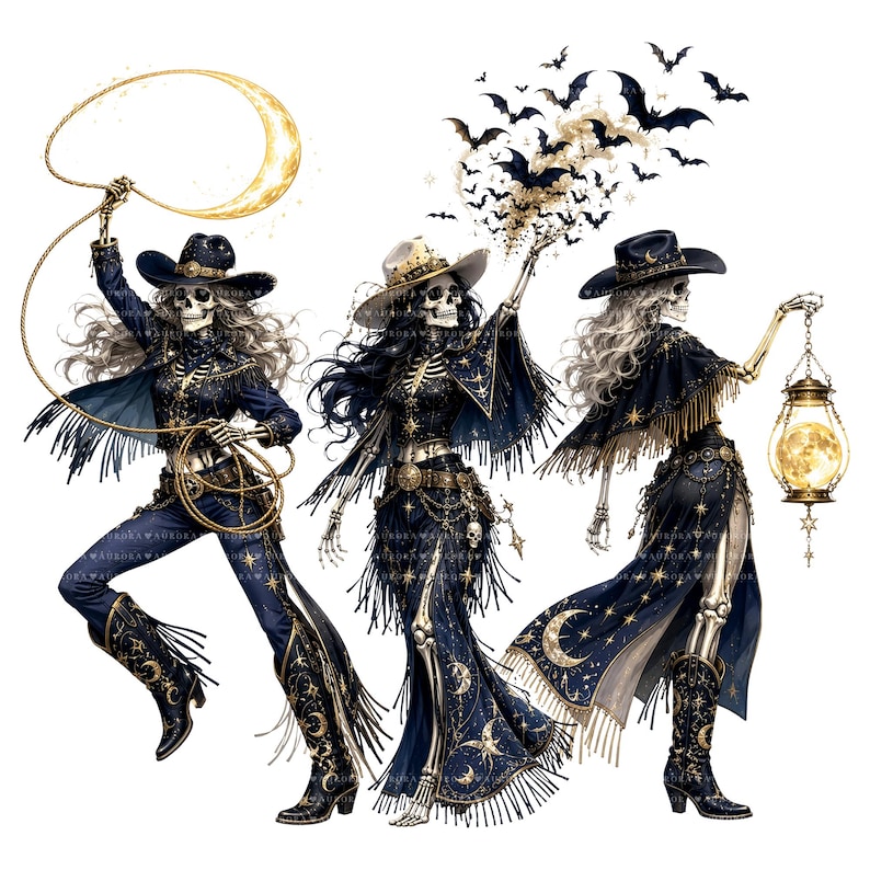 May include: Three skeletons dressed in dark blue western-style clothing with gold star and moon patterns. One holds a lasso with a crescent moon, one releases a swarm of bats, and one carries a glowing lantern. They wear cowboy hats and boots.