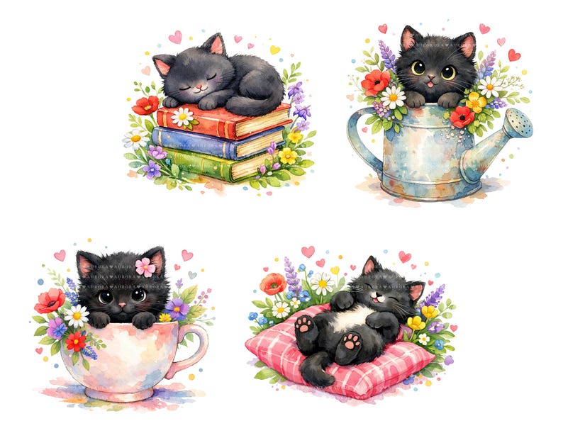 Watercolor Black Cat PNG Bundle, Spring Floral Kitten Clipart ...