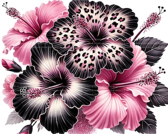 10 Pink Leopard Hibiscus PNG Bundle, Tropical Flower Clipart, Sublimation Digital Download